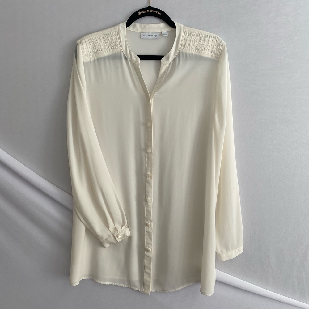 SUSAN Graver Ivory Long Sleeve Sheer Button Down Blouse Size 12